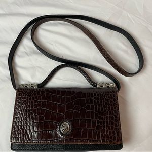 Vintage Brighton Black Brown Croc Embossed Leather Crossbody Top Handle Wallet